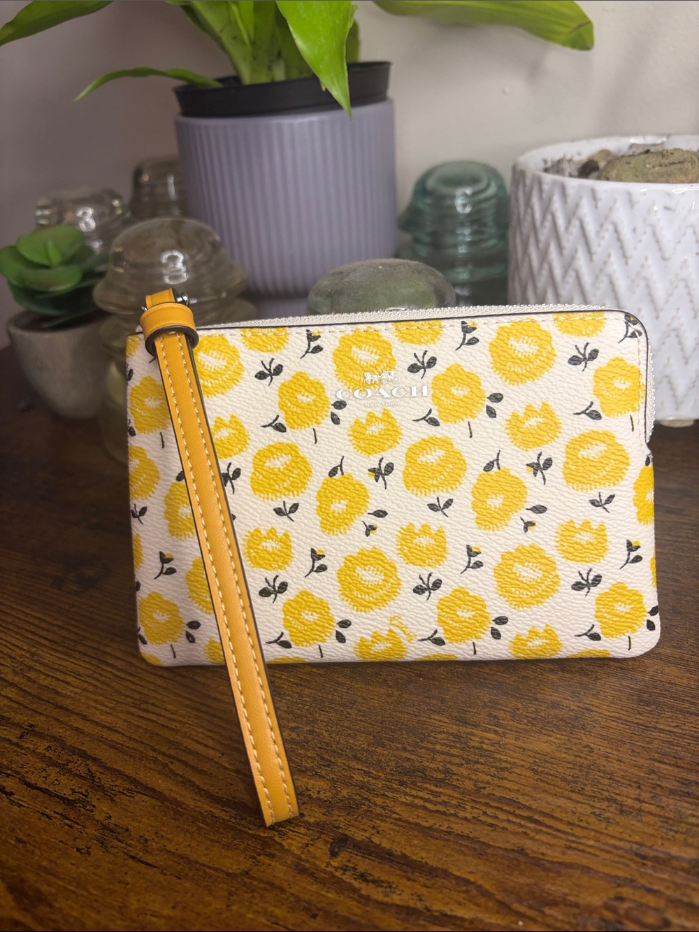 Coach Yellow Floral Wristlet with Cream Base